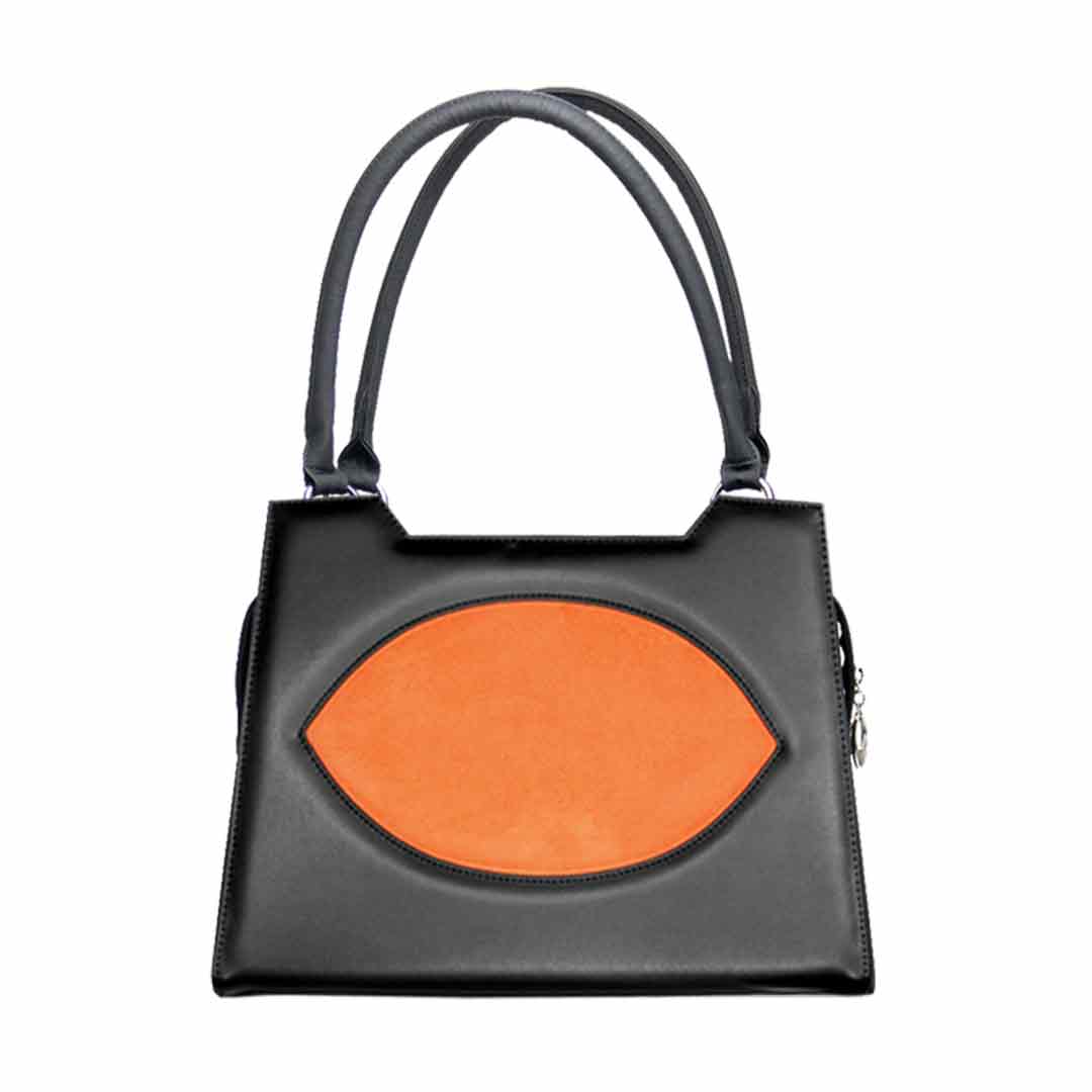 Schwarze Handtasche mit ovalen Orangefarbenen Feld
