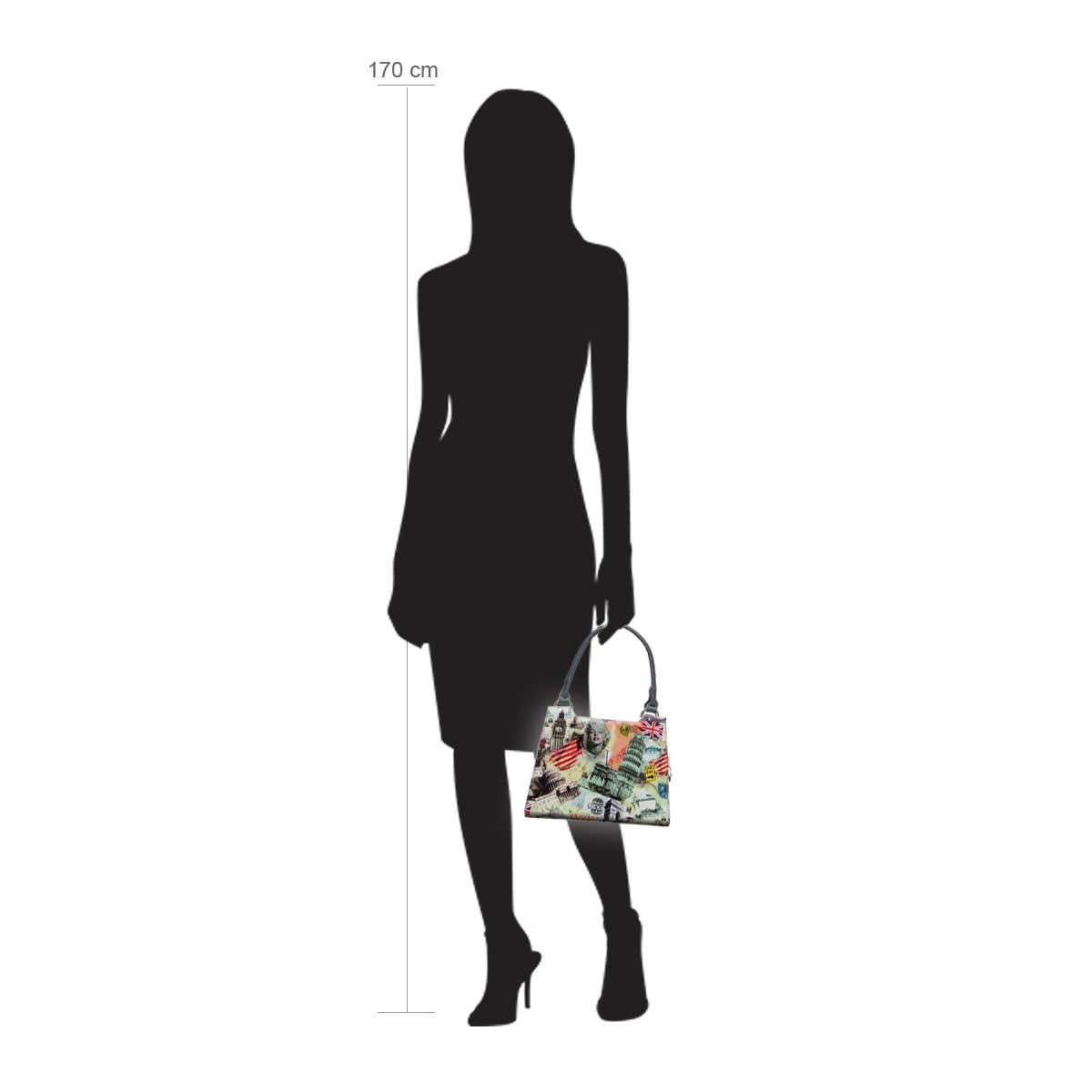 Modellpuppe 170 cm groß zeigt die Handtaschengröße an der Person Modell:Rhapsody